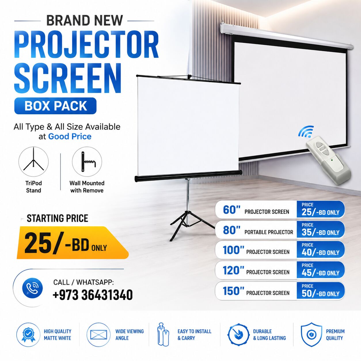 Isa Town, Computers, BHD 25,  New Projector Screen Box Pack All Size With Stand & Wall Mounted Available At Good Price