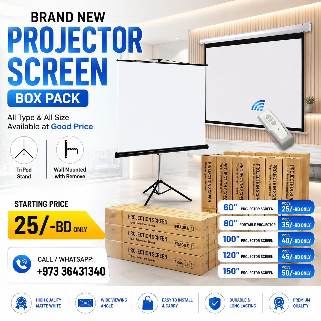 Manama, Electronics, BHD 25,  New Projector Screen Box Pack All Size With Stand & Wall Mounted Available At Good Price