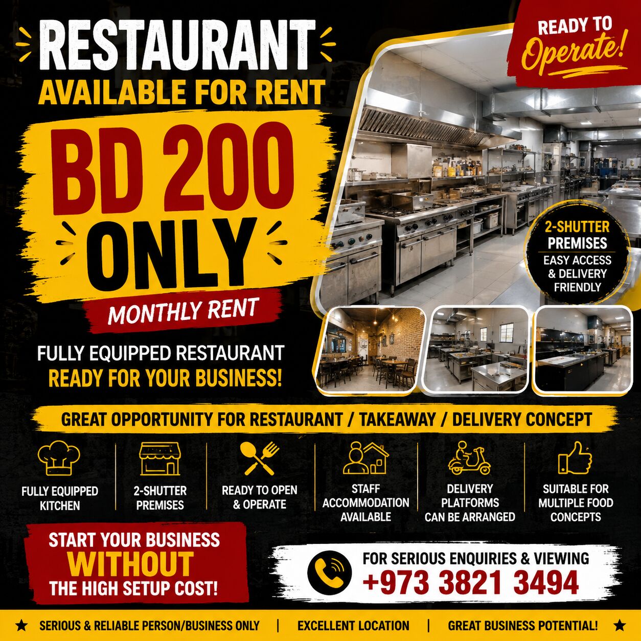 Riffa, Shops, BHD 200,  123 Sq. Meter,  RESTAURANT AVAILABLE FOR MONTHLY RENT