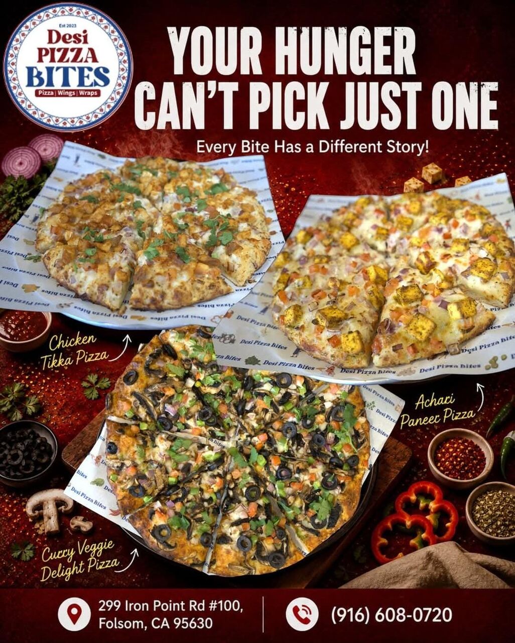 New York, Food & Drink, Vegetarian & Paneer Pizzas In Folsom | Desi Pizza Bites