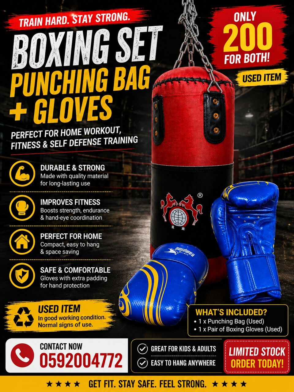 Riyadh, Sporting Goods, SAR 200,  🥊 BOXING SET FOR SALE – USED 🔥 Punching Bag + Boxing Gloves 🔥
