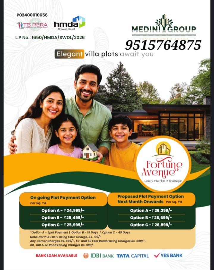 Hyderabad, Real Estate For Sale, INR 24999,  180 Sq. Yard,  200 Meters From Highway; HMDA Plots For Sale In Shadnagar