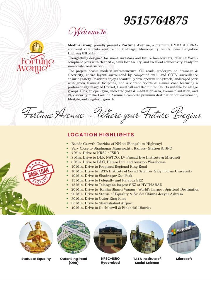Hyderabad, Real Estate For Sale, INR 24999,  180 Sq. Yard,  200 Meters From Highway; HMDA Plots For Sale In Shadnagar