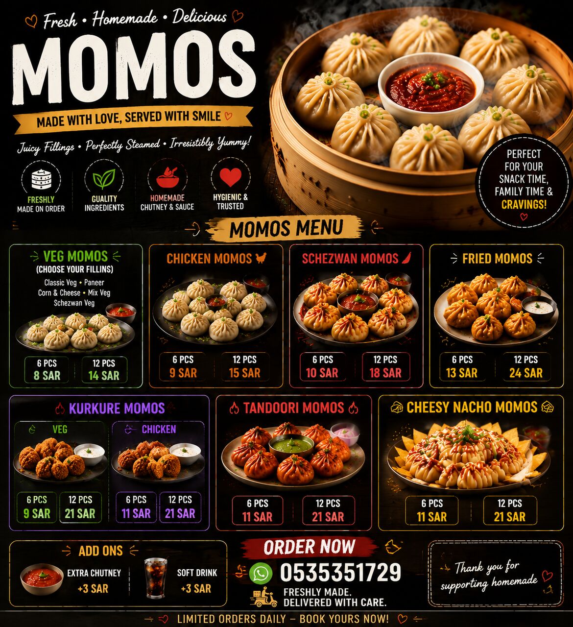 Al Sharafeyah, Food, SAR 8,  HOMEMADE MOMOS – FRESH, HYGIENIC & DELICIOUS! 🥟