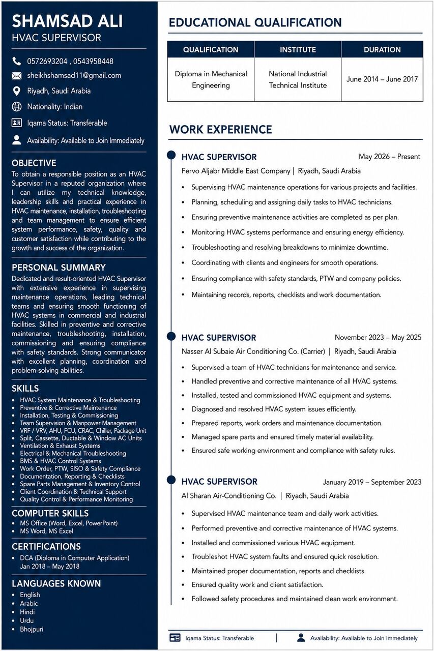 Riyadh, Job Seekers, Hvac Supervisor
