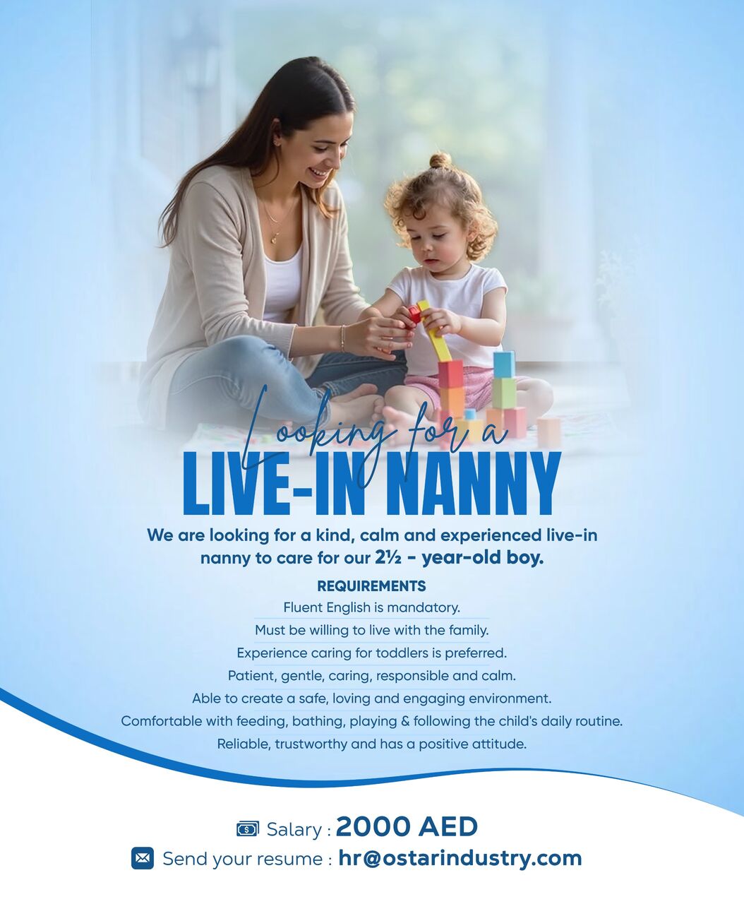 Dubai, Jobs, Experienced, Kind Live-in Nanny For 2.5-year-old Boy