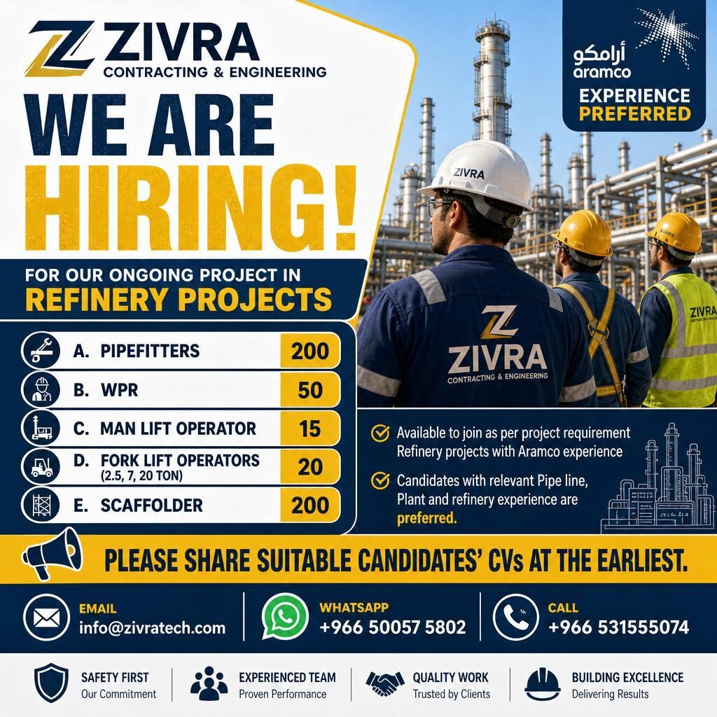 Jizan, Jobs, Urgent Hiring: On Going Work (PipeFitters, WPR, Man/Fork Lift Operator, Scaffolder)