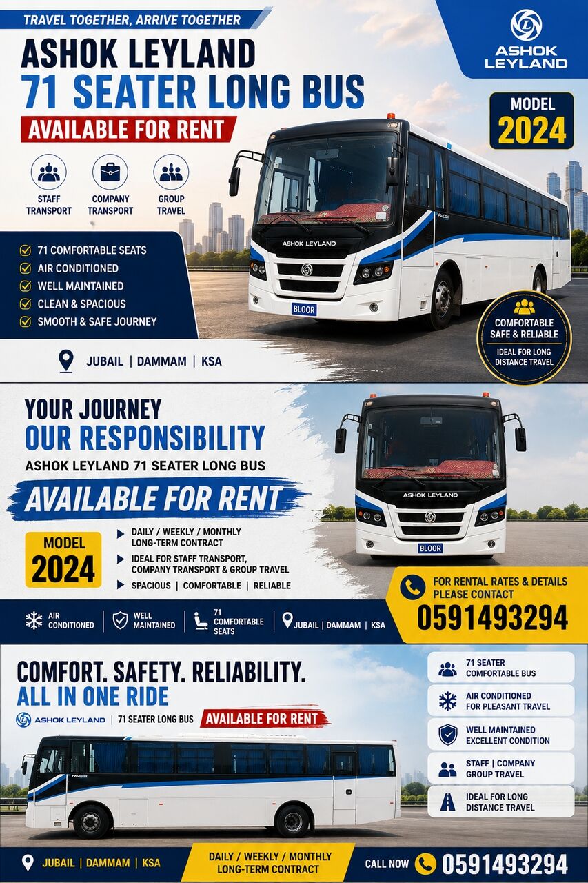 Jubail, Equipment Rental, Ashok Leyland 2024 Model Long Bus Available For Rent