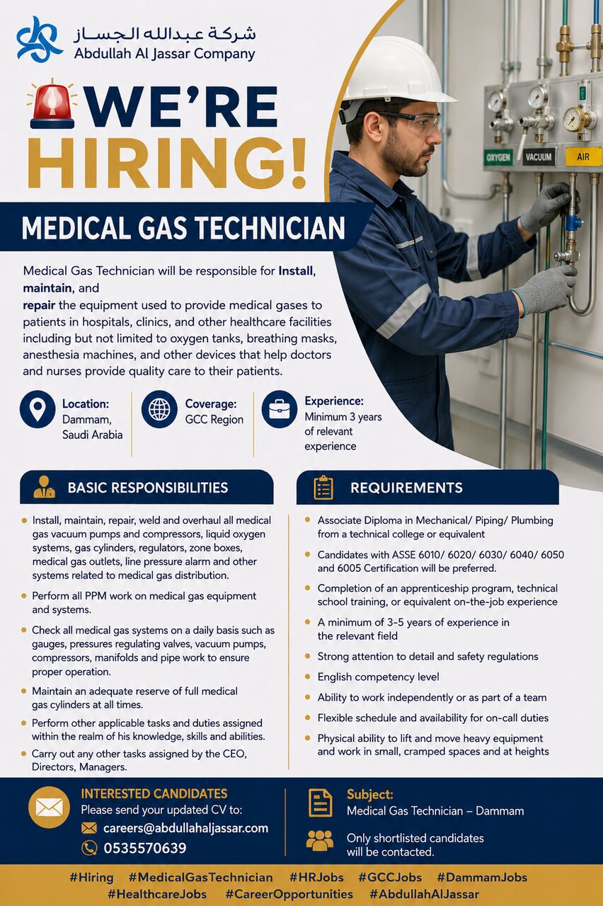 Riyadh, Jobs, Medical Gas Technician