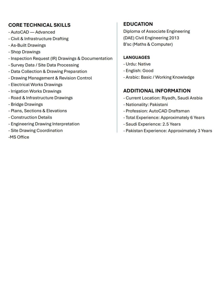 Riyadh, Job Seekers, AutoCAD Draftsman