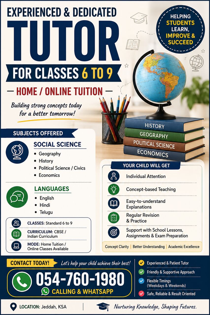 Al Aziziyah, Lessons Offered, Experienced Tutor For Classes 6&ndash;9 | Social Science & Languages | English, Hindi & Telugu