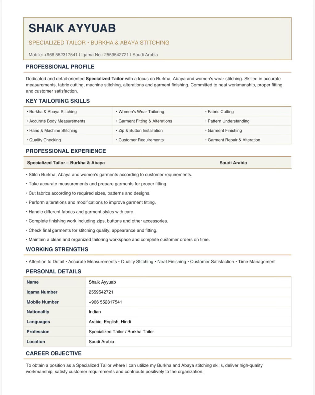 Dammam, Job Seekers, SHAIK AYYUAB : Tailoring Master & Specialised Tailor (Iqama Transferable)