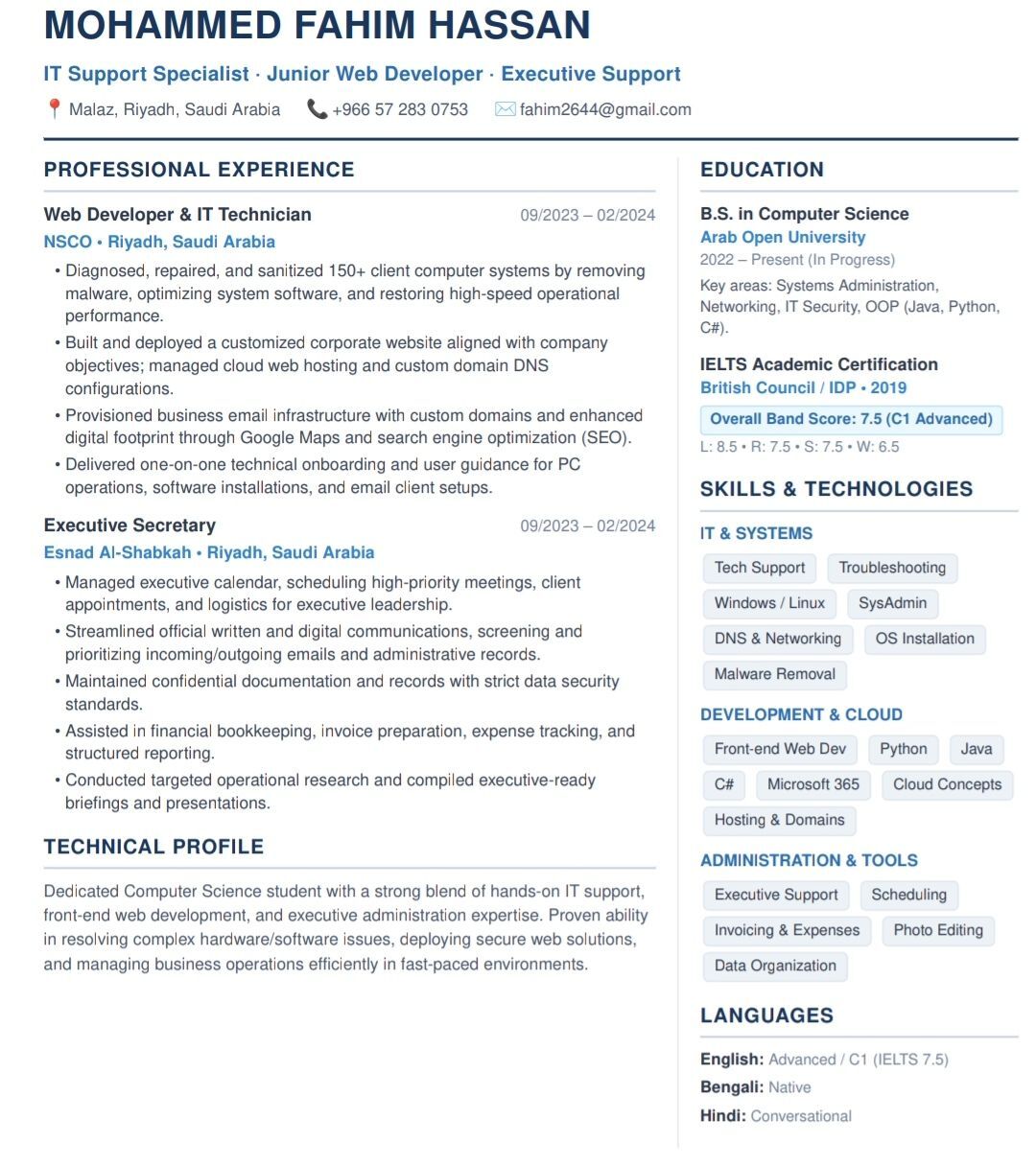 Riyadh, Job Seekers, Executive Secretary/IT Technician And Support/Web Dev/Data Entry. Hindi, English, Bangla
