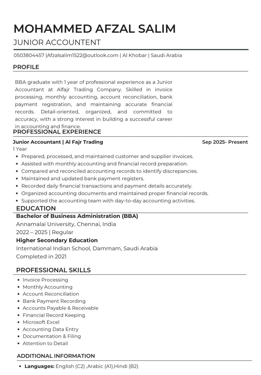 Dammam, Job Seekers, Junior Accountant & Admin