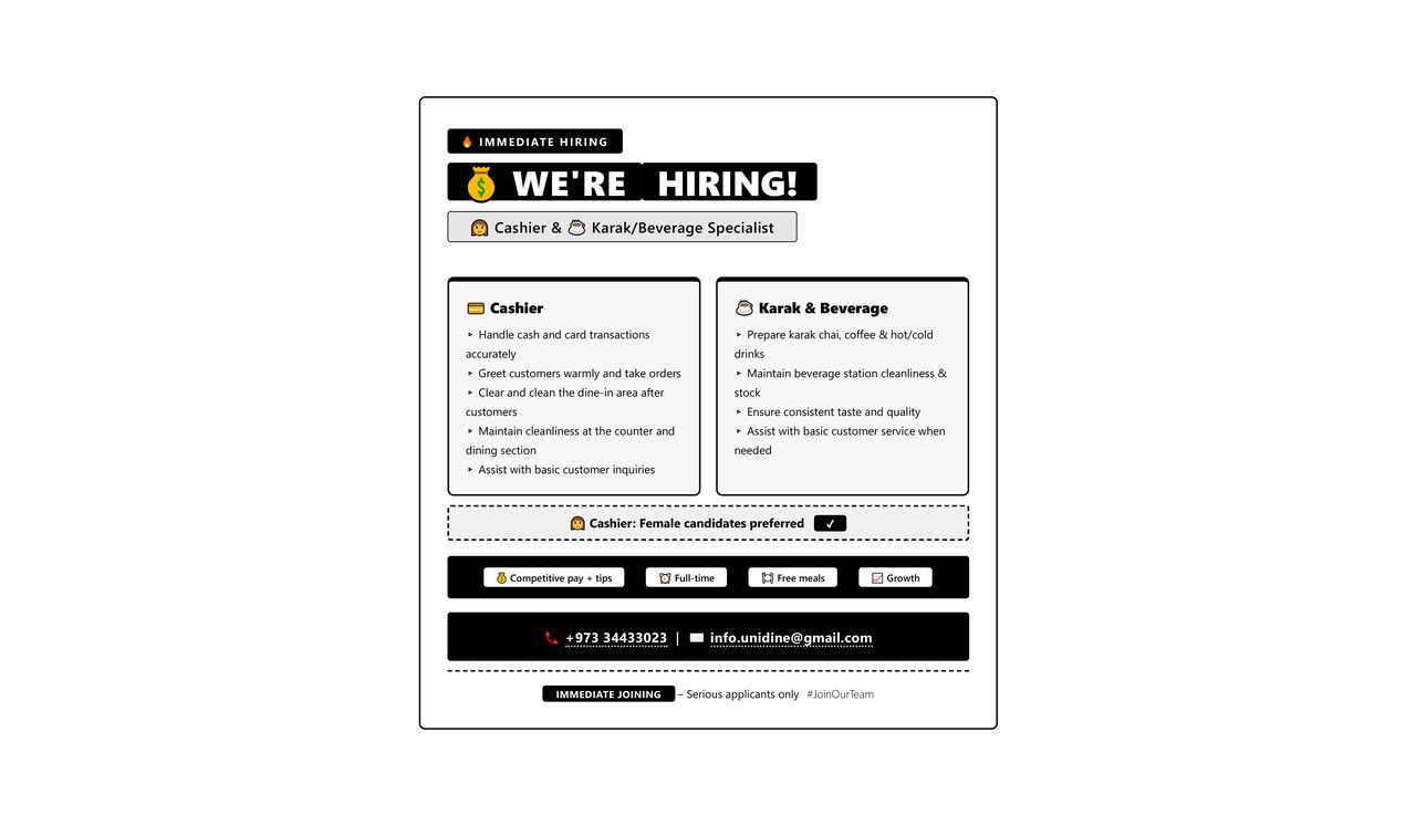 Zallaq, Jobs, Hiring Cashier And Karak Specialist