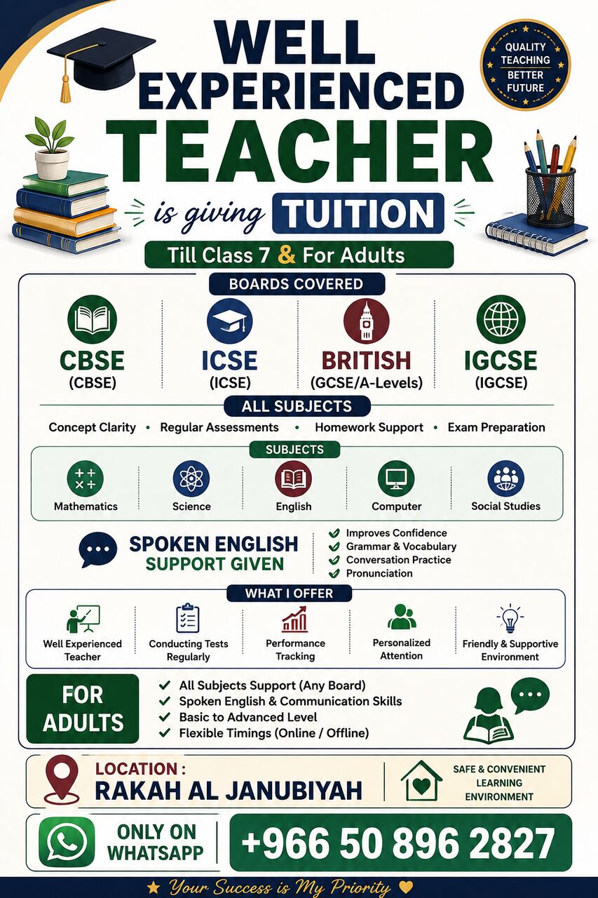 Khobar, Lessons Offered, Tutions  Available Kg -10 Classes
