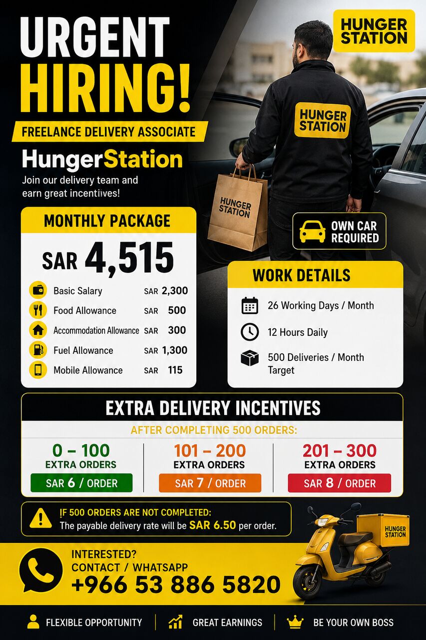 Riyadh, Jobs, 🚨 URGENT HIRING – FREELANCE DELIVERY ASSOCIATES 🚨