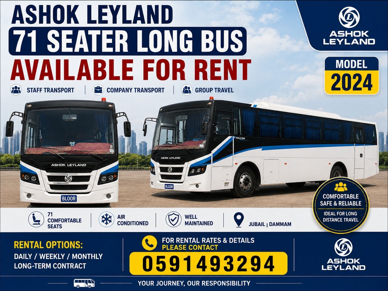 Jubail, Labor/Moving, 🚌 ASHOK LEYLAND 71-SEATER LONG BUS AVAILABLE FOR RENT 🚌