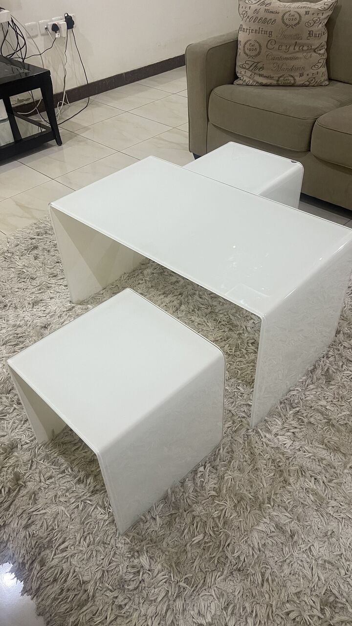 Riyadh, Furniture, SAR 400,  Modern White Glass Coffee Table Set &ndash; 3 Pieces