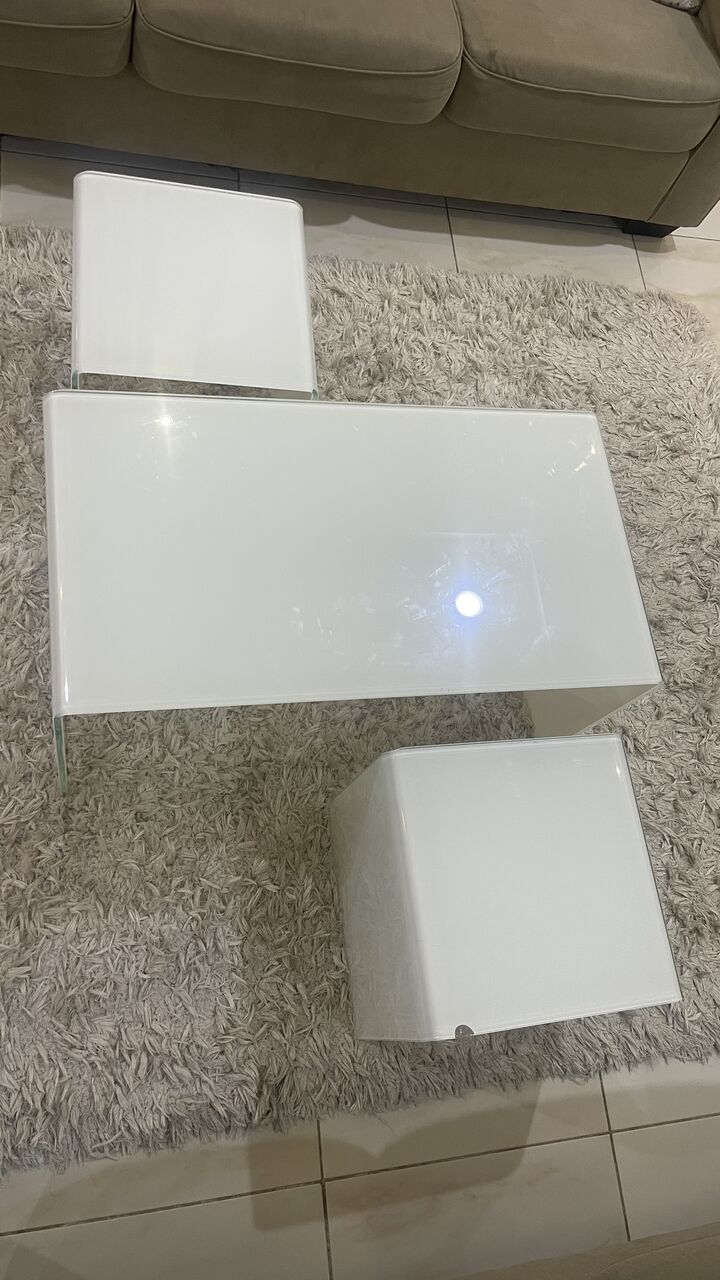 Riyadh, Furniture, SAR 400,  Modern White Glass Coffee Table Set &ndash; 3 Pieces