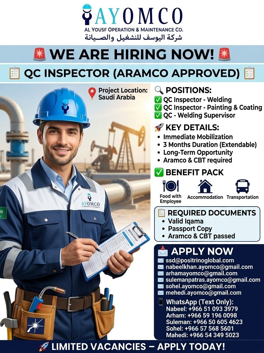 Riyadh, Jobs, QC INSOECTOR (ARAMCO APPORVED)