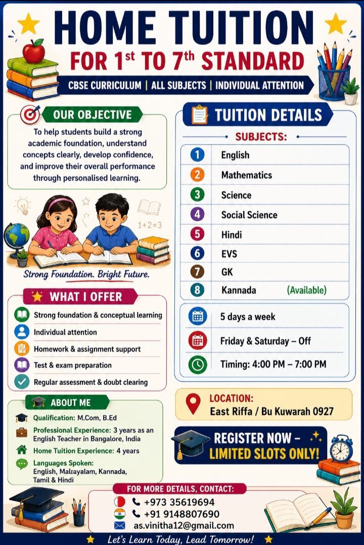 East Riffa, Lessons Offered, Tuition Available For All Subjects
