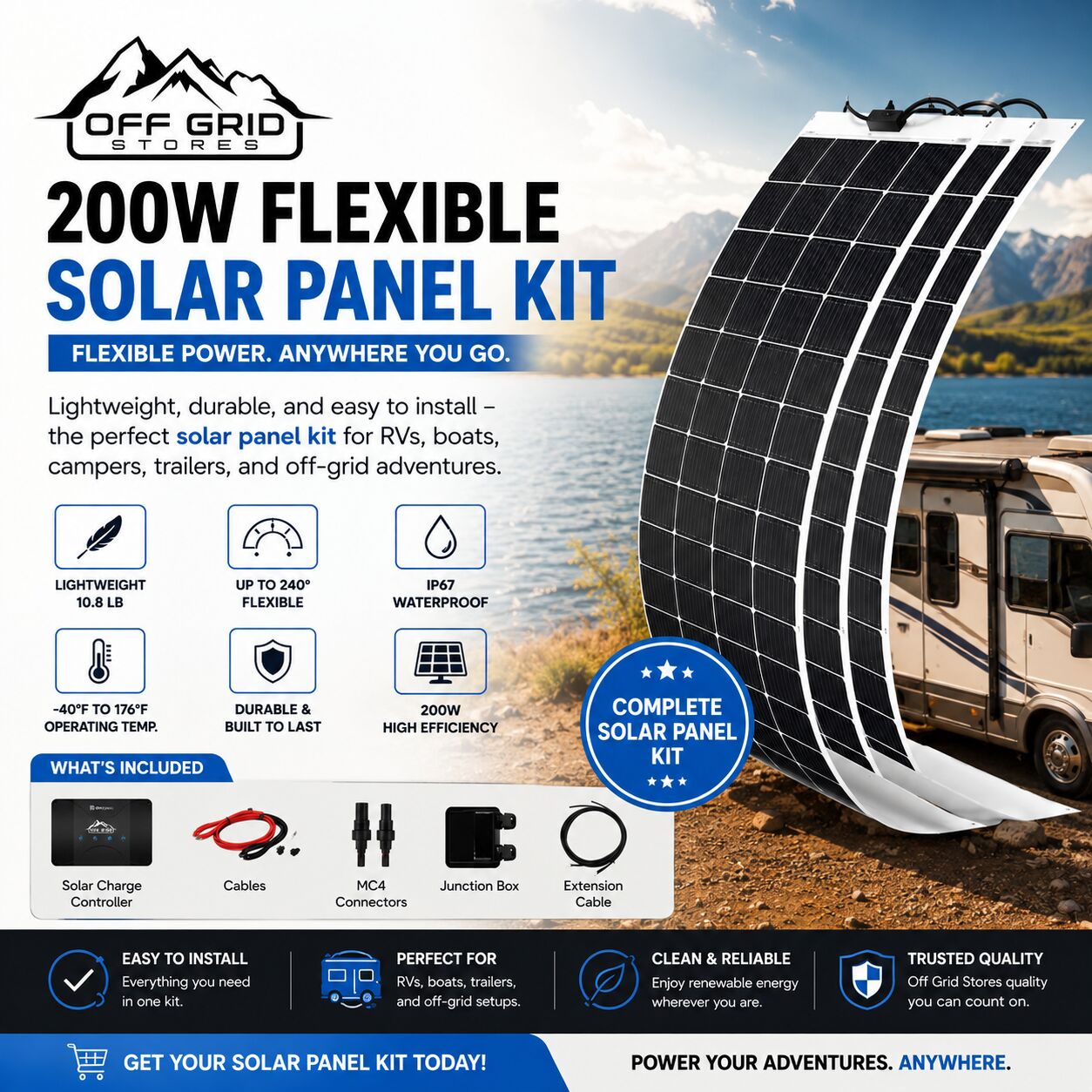 New York, Electronics, USD 1,  200W Flexible Solar Panel Kit | Lightweight Off-Grid Power Solution