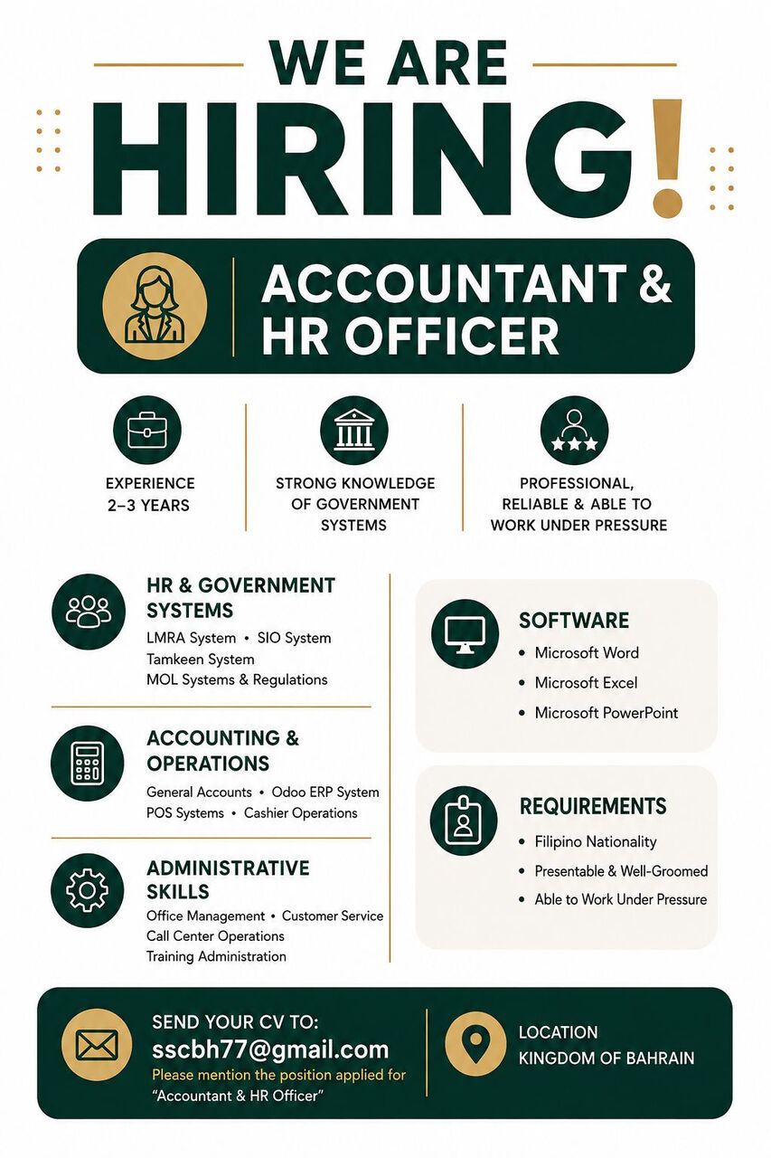 Manama, Jobs, ACCOUNTANT & HR OFFICER FILIPINO FEMALE ONLY
