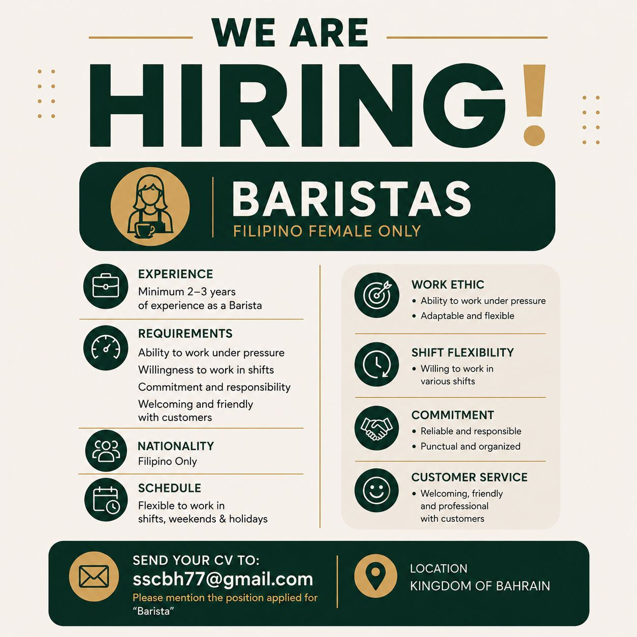 Manama, Jobs, BARISTAS FILIPINO FEMALE ONLY