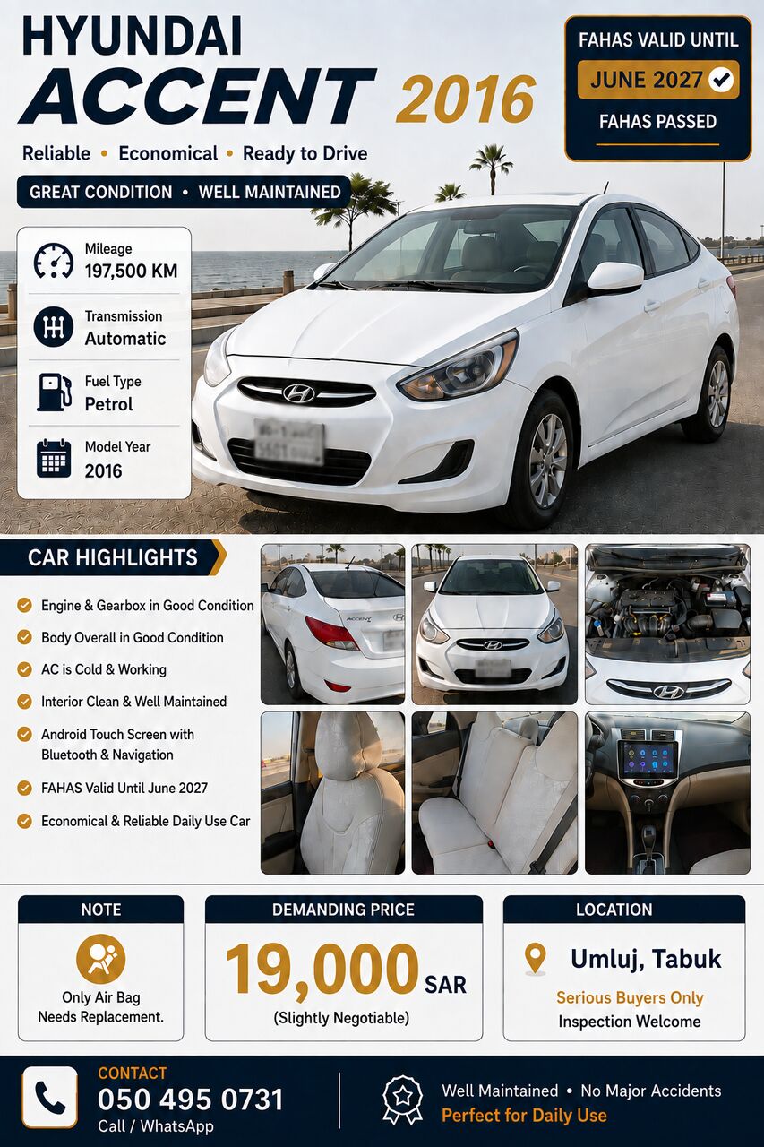 Umluj, Vehicles, Cars & Trucks , SAR 19000,  Hyundai Accent,  2016,  Automatic,  197500 KM,