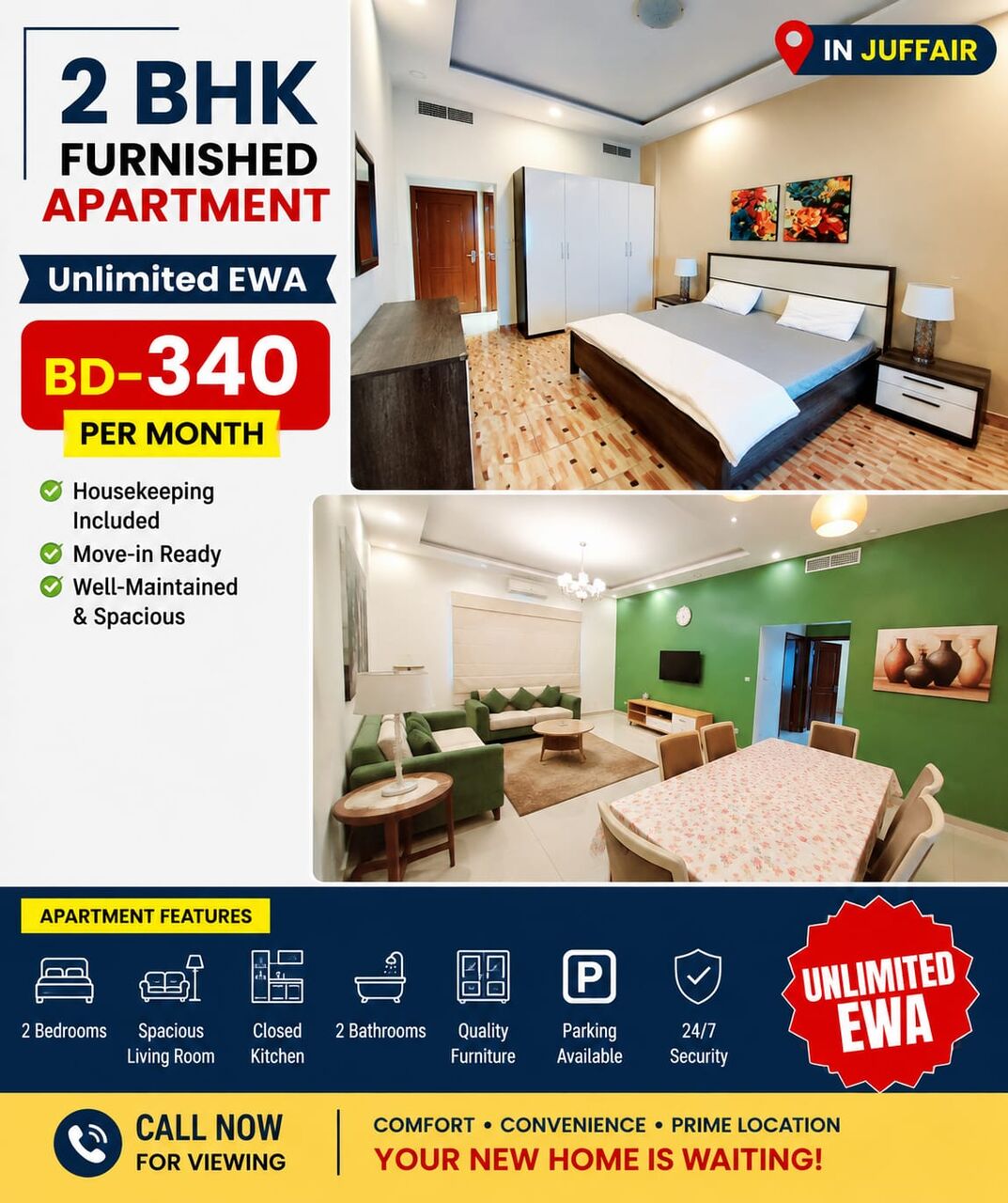 Juffair, Staff Accommodation, BHD 340,  220 Sq. Meter,  2 BHK Unlimited EWA Furnished Apartment BD-340 | Housekeeping | In JUFFAIR