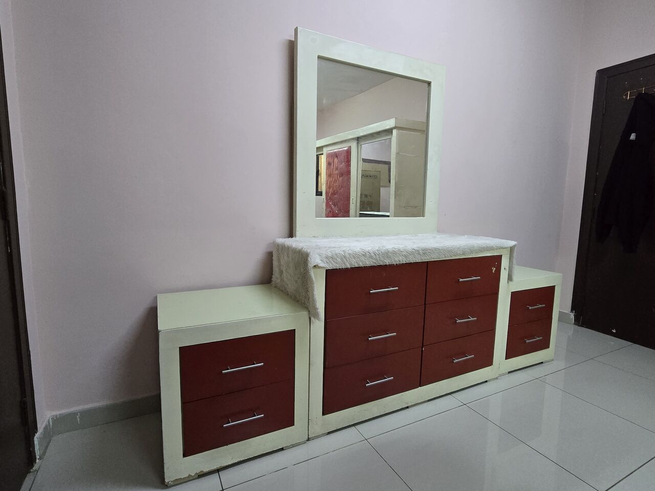 Al Adama, Furniture, SAR 640,  Furnitures For Sale &ndash; Red & White Large Wardrobe, Dressing Table & 2 Side Tables