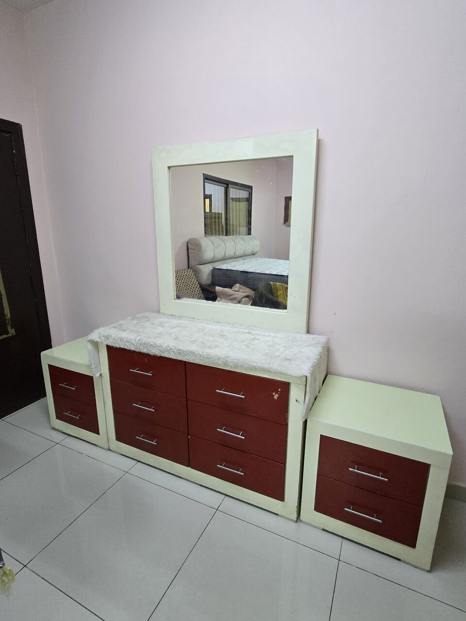 Al Adama, Furniture, SAR 640,  Furnitures For Sale &ndash; Red & White Large Wardrobe, Dressing Table & 2 Side Tables