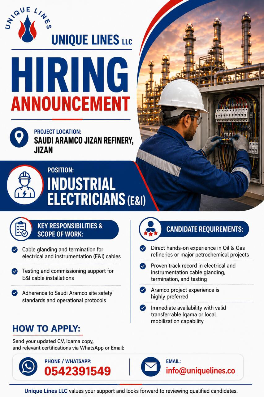 Jizan, Jobs, Industrial Electricians (E&I)