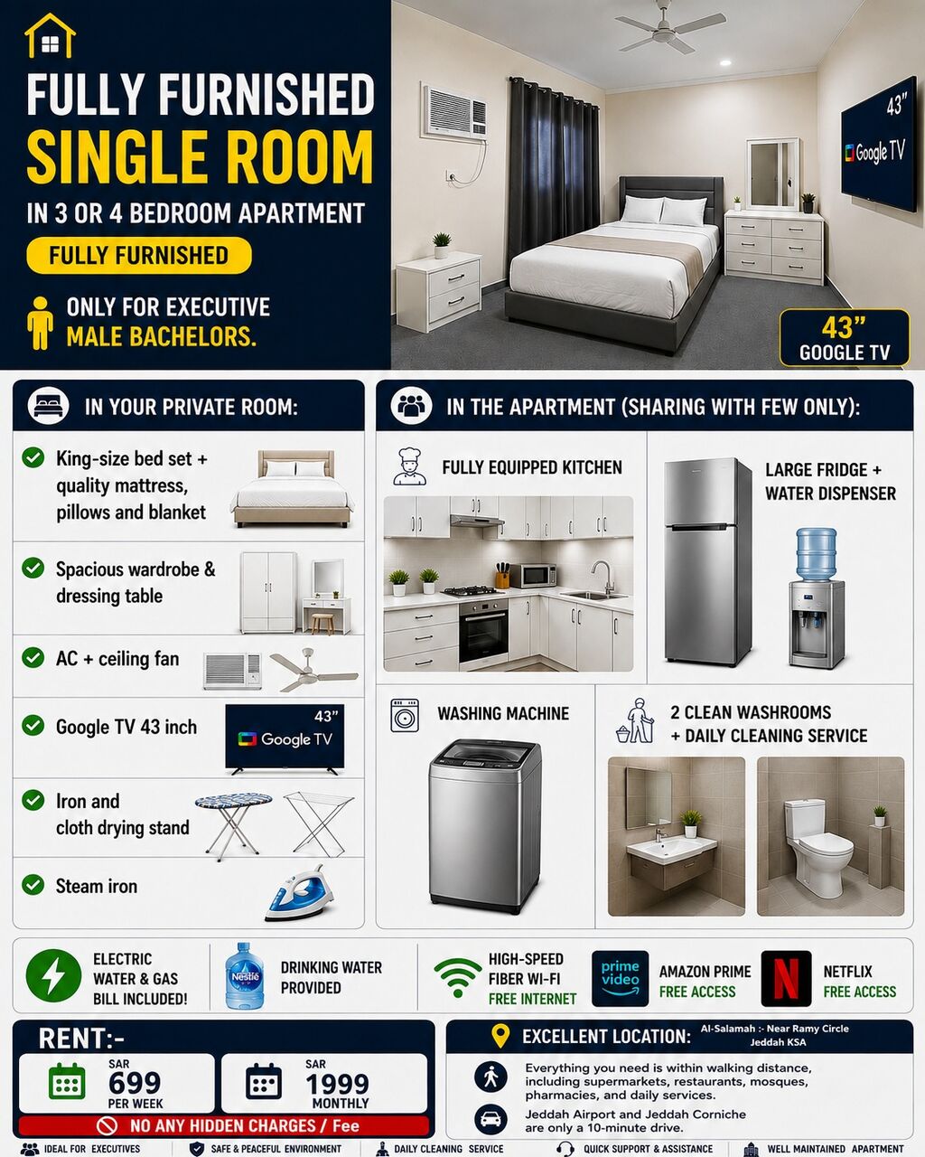 Jeddah, Rooms for Rent, SAR 1999/month,  Furnished,  ✅Executive Room With All Bills Included ✅1300 Bedspace Only, ✅Rent Monthly Including All