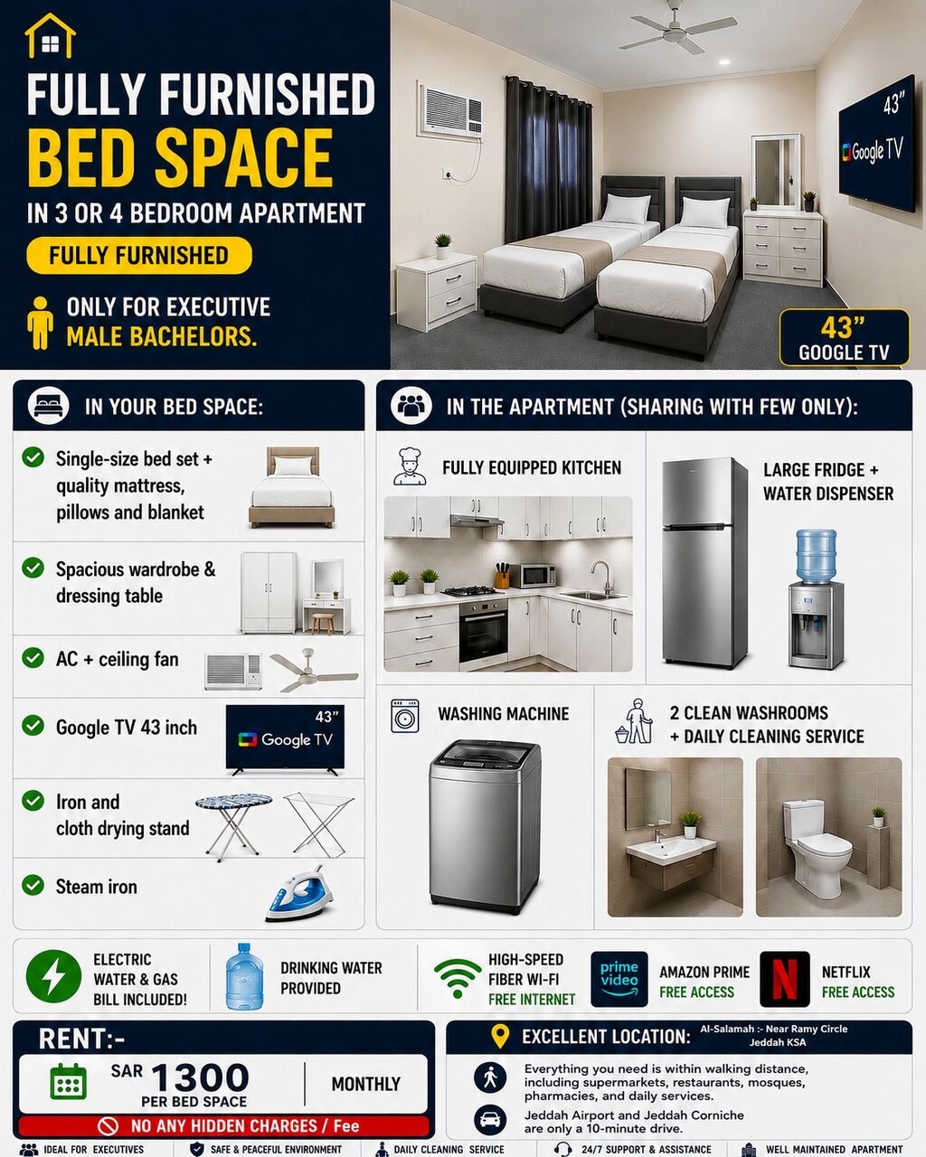 Jeddah, Rooms for Rent, SAR 1999/month,  Furnished,  ✅Executive Room With All Bills Included ✅1300 Bedspace Only, ✅Rent Monthly Including All