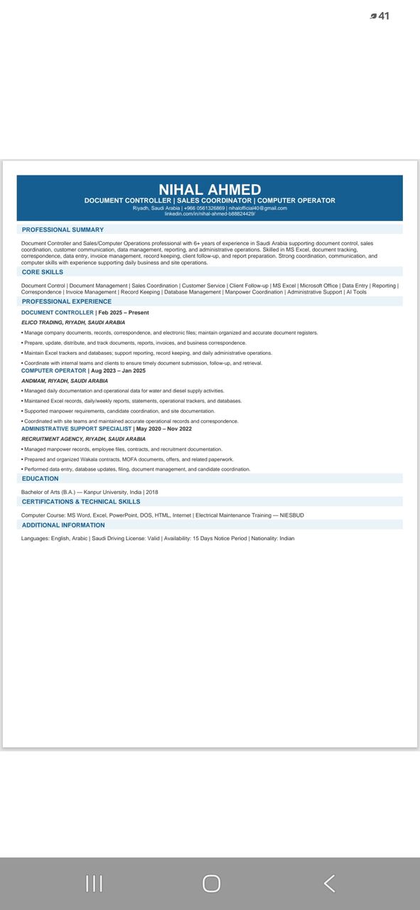 Riyadh, Job Seekers, DOCUMENT CONTROLLER | SALES COORDINATOR | COMPUTER OPERATOR