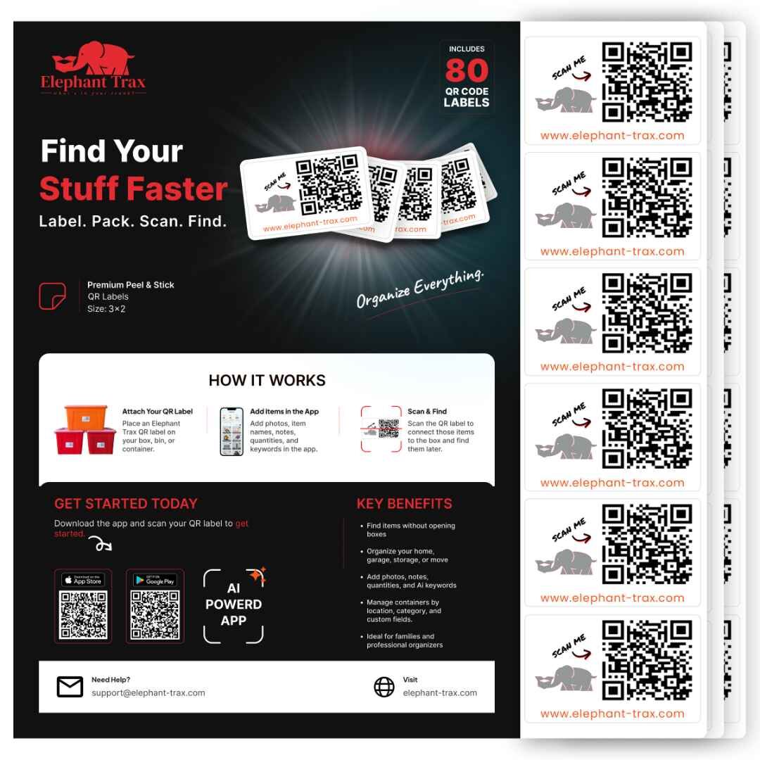 Houston, Software, USD 21,  Smart QR Code Storage Labels By Elephant Trax &ndash; 80 Color-Coded Vinyl Stickers For Bins