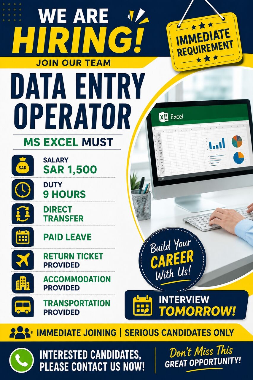 Riyadh, Jobs, 🚨 URGENT HIRING – DATA ENTRY OPERATOR 🚨