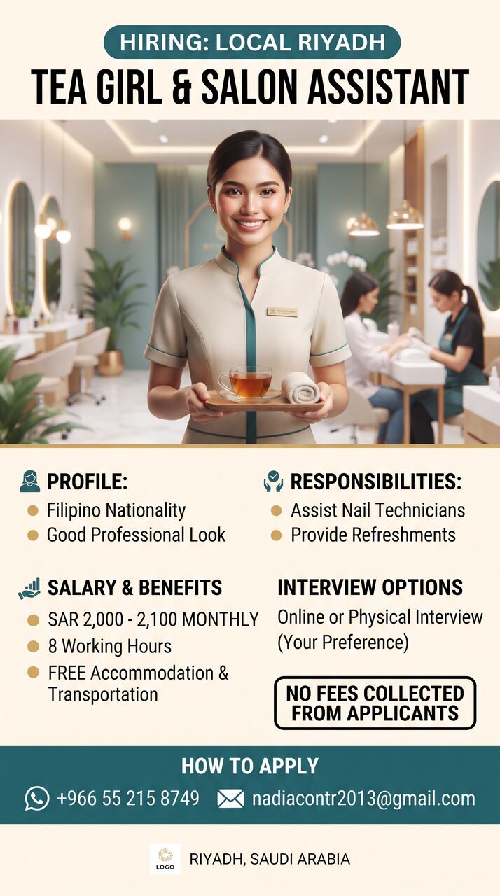Riyadh, Jobs, URGENT LOCAL HIRING: TEA GIRL / SALON ASSISTANT