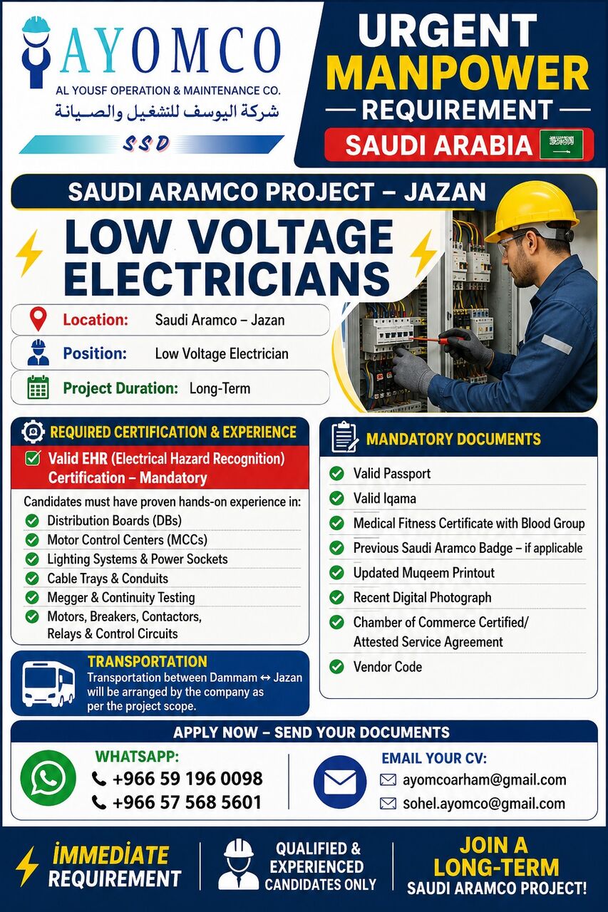 Riyadh, Jobs, LOW VOLTAGE ELECTRICIAN