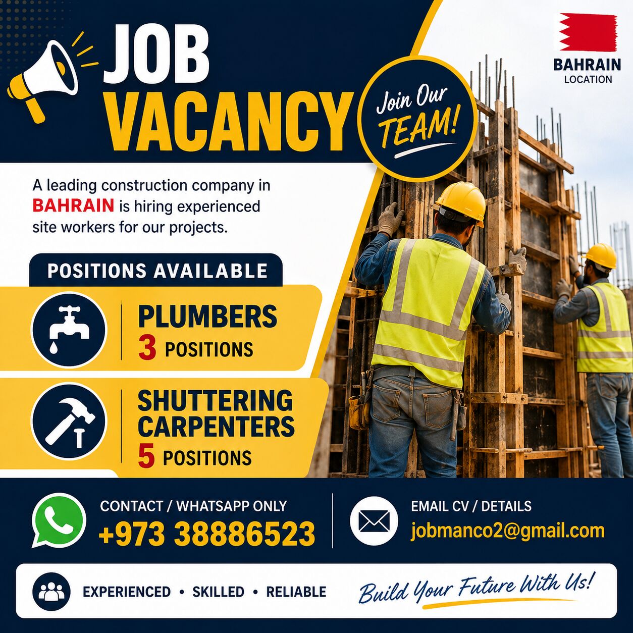 Budaiya, Jobs, JOB VACANCY &ndash; PLUMBERS & SHUTTERING CARPENTERS