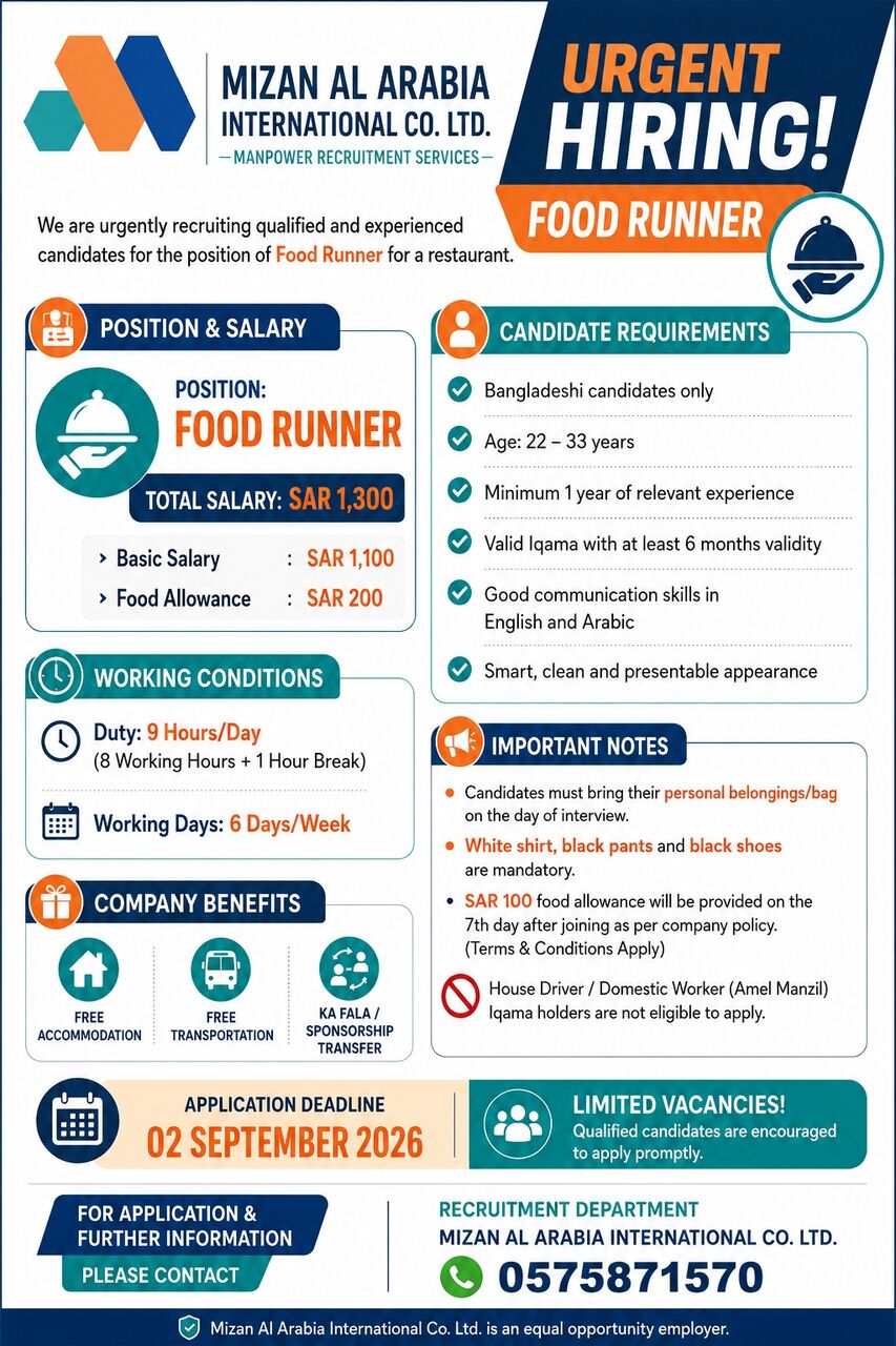 Riyadh, Jobs, Position: Food Runner