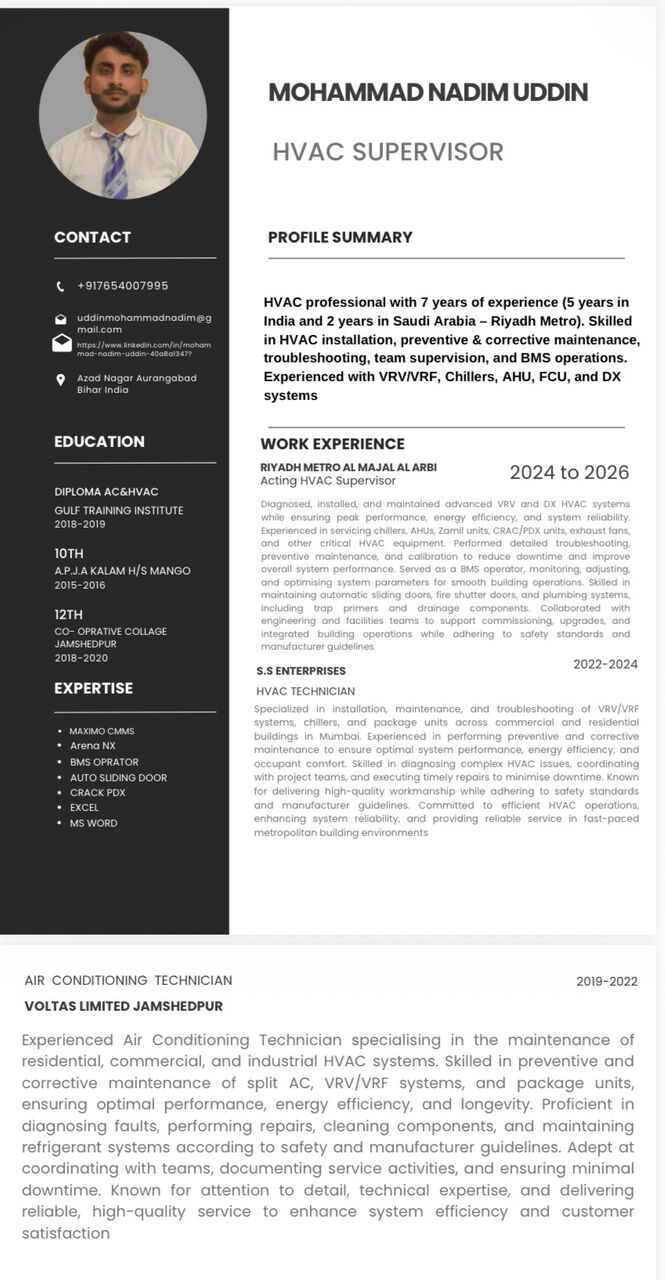 Riyadh, Job Seekers, HVAC Supervisor
