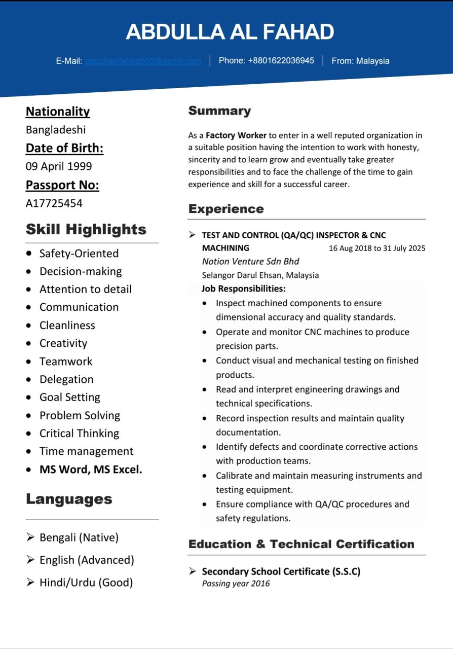 Dammam, Job Seekers, "CNC Machine Operator" Or &ldquo;Quality Control Assistant&rdquo;