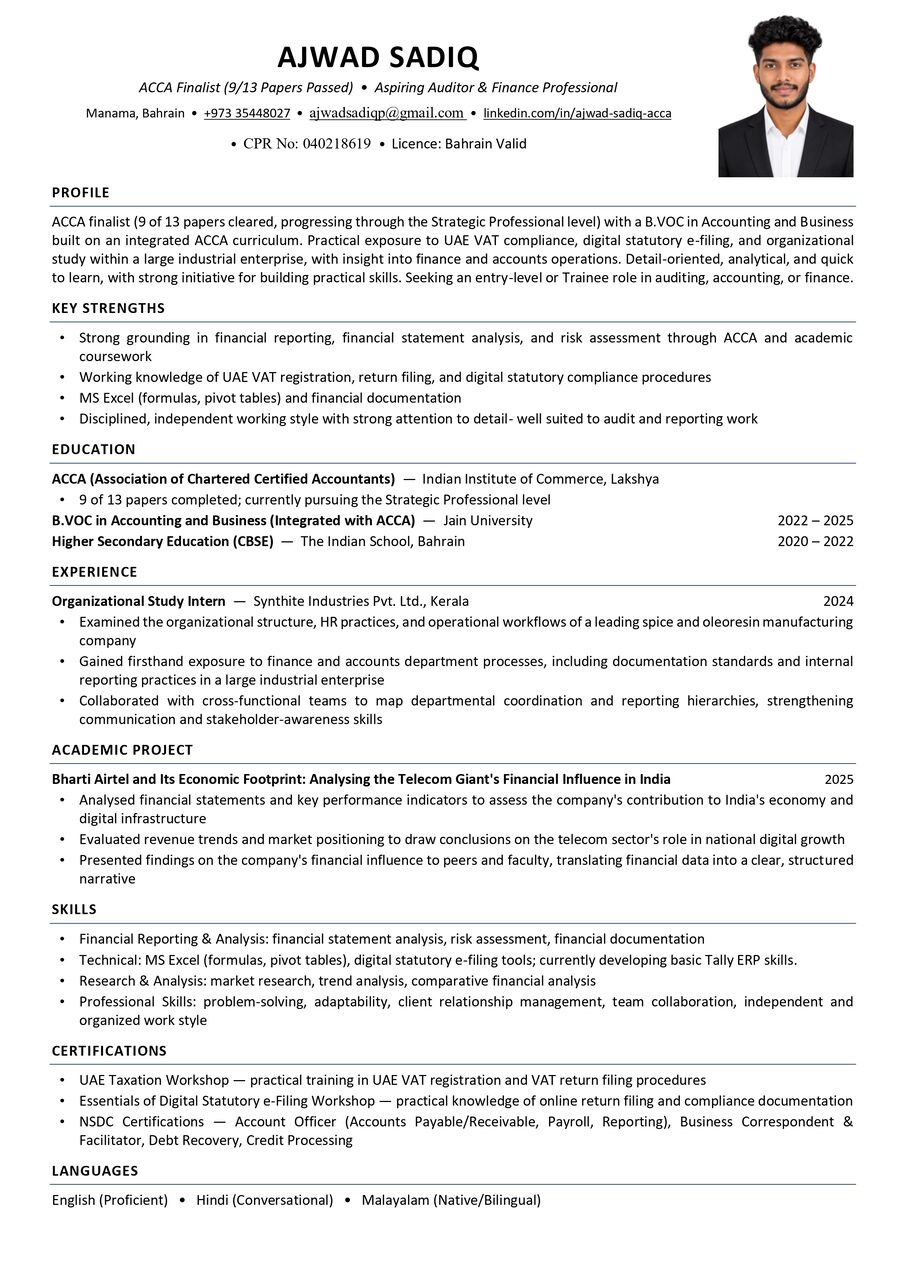 Manama, Job Seekers, Junior Accountant | ACCA Professional Level Candidate