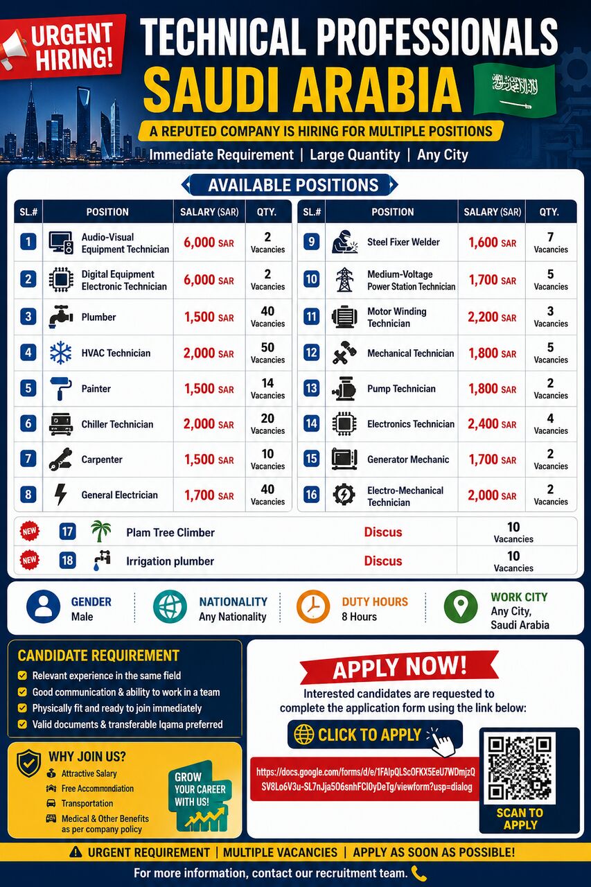 Riyadh, Jobs, 🇸🇦 URGENT HIRING | TECHNICAL PROFESSIONALS – SAUDI ARABIA