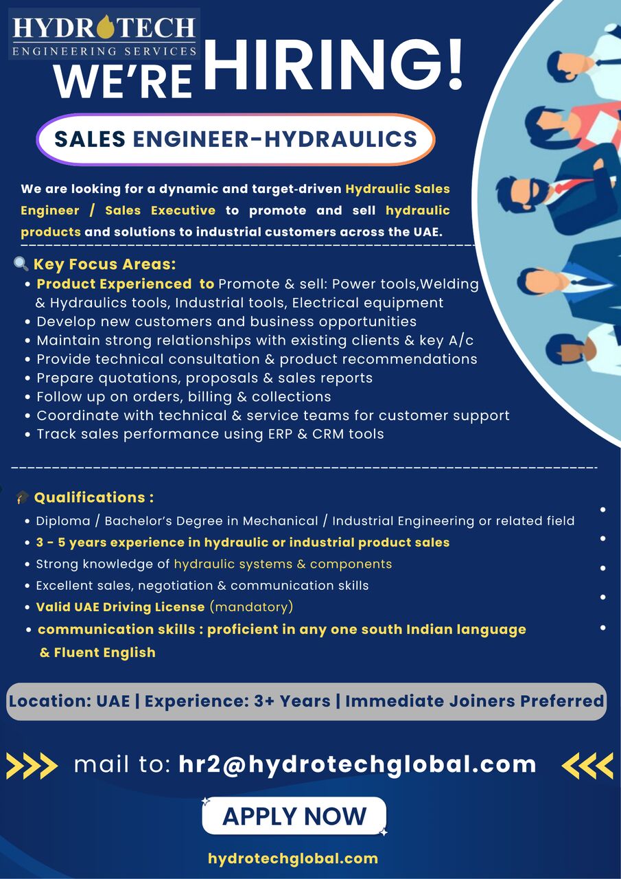 Riyadh, Jobs, Hydraulic Sales Engineer / Sales Executive (Outdoor)