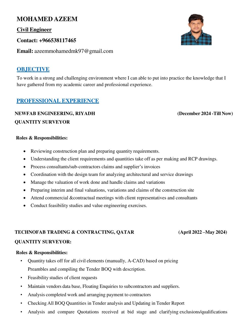 Riyadh, Job Seekers, Quantity Surveyor