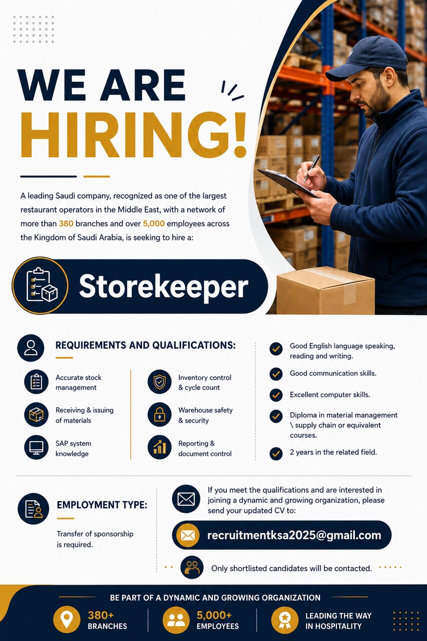 Riyadh, Jobs, NEED STOREKEEPER